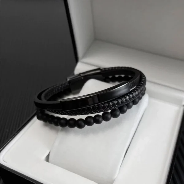 YOUNIQ Bead Titanium Black Leather Bracelet