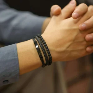 YOUNIQ Bead Titanium Black Leather Bracelet